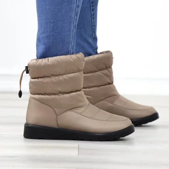 Taupe Rain Ankle Boots Weather Resistant Warm Synthetic Fluff Inside - Picture 4 of 13
